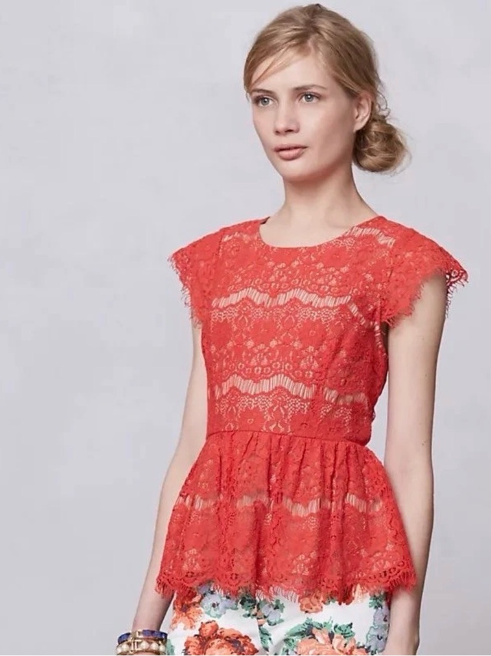Anthropologie Maeve Red Lace Overlay Top size L